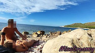 French Amateur Wife Miss Creamy Fucks Big Cock on Nude Beach - Public Sex & Cum in Mouth
