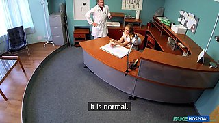 Faux hospital - therapist screws lonely nurse on desk risky creampie quickie