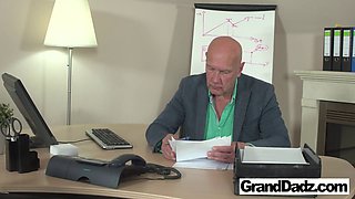 Nicole Love's tight pink pussy gets licked by her bald boss in the morning