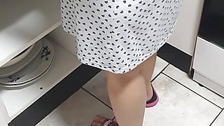 Step son in the kitchen lift up step mom skirt showing her ass without panties