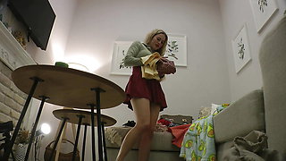 Hot sexy French Blonde in Porn Casting with her Tennis Skirt to do some House Work