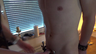 Young Chaste Slave Made Horny in the Testicle Pillory!