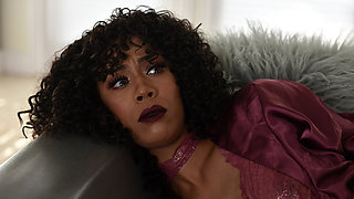 Curly haired ebony milf rides young cock and gets messy cum
