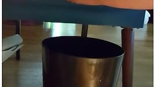 Lazy College Girl Pisses In Garbage Can While Writing Paper