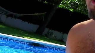 Ebony teen Samantha fucked outdoor by the pool by stranger guys