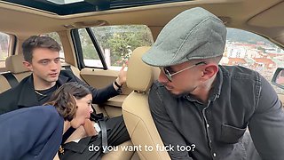 Busty latina and her bf were making out in the taxi and invited a driver to join them