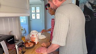 Sizzling wifey with astounding inborn cupcakes gets her snatch crammed while working in the kitchen.