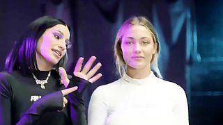 Blonde and brunette lesbians stripping and making out