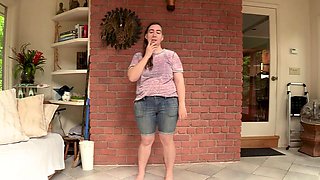 Brunette spreads cheeks for rimming and toy fun