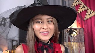 Angelic babe in a witch hat gets fucked deeper