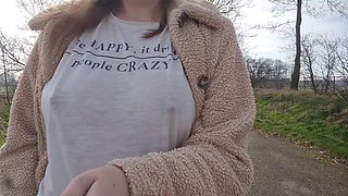 Boobwalk on the Side of the Road, Braless Walking in See Thru Shirt