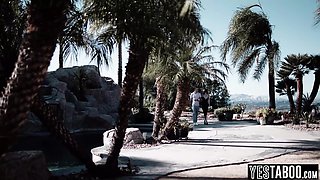 Full-bosomed gold digger fucks BF and stepdad