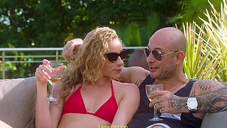 Skinny Alberto and busty Angel in a sizzling poolside encounter