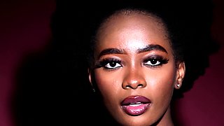 Petite ebony babe strips nude in bathtub