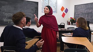 Arab woman fucked by three younger students in loud classroom perversions