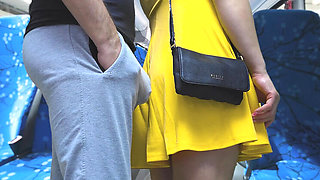 Stranger Gropes Teen's Butt on Bus and Cums Hard in Her Hand - Public Sex with Big Cock