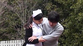 Hardcore outdoor fucking with a Japanese nurse wearing lingerie