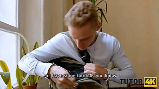 Tutor4k. student gives a free-for-all sex lesson for nerdy educator with adorable ponytails