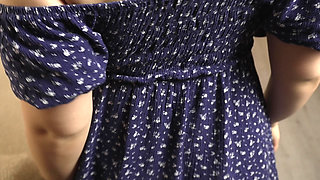 Busty wife in a blue dress gets fucked from behind and ends up with cum on her tits