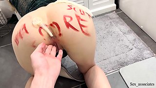 Husband Finds His Heavily Fucked Wife In The Toilet With A Used Condom In Her Ass. Couldnt Resist Fucking This Degrading Whore