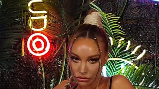 Sexy Monika Fox in black bodysuit fucking himself in all holes with huge dildos