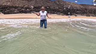 Girl Wetting Jeans in the Ocean and Swimming in Wet White T-shirt