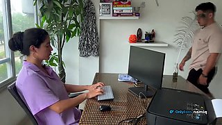 Sex in the office with my secretary wife, she on me!