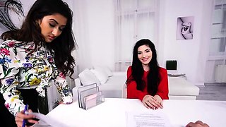 Two fabulous teen babes serve lucky stud