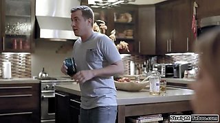 Guy rims teen babysitter in the kitchen