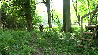 Old guy watches couple while having sex fun in the forest