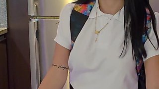 My Stepdaughter Comes Home Late Because She's with Her Classmates, but She Has No Choice but to Pay Her Punishment with Sex