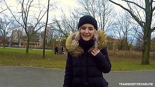 Naughty Russian teen Eva Elfie gives a blowjob in public for money
