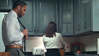 Insatiable husband is fucking sexy wife Casey Calvert in the kitchen